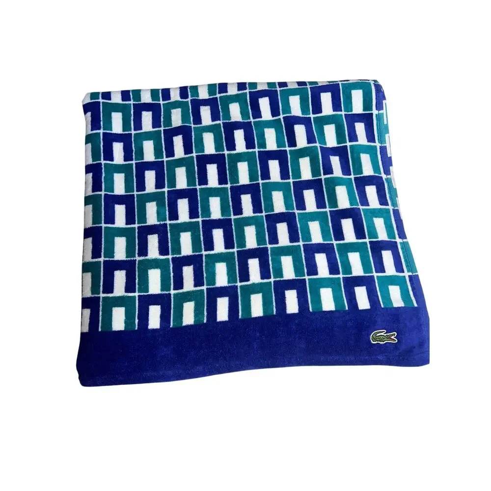 Lacoste oversized graphic geometric beach towel cotton blue / green white NEW